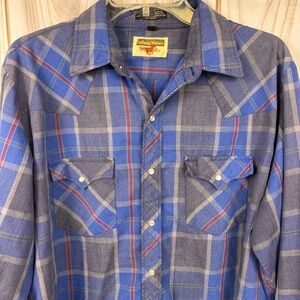 VTG Youngbloods Authentic Western Shirt Pearl Snap Classic Plaid Blue Large